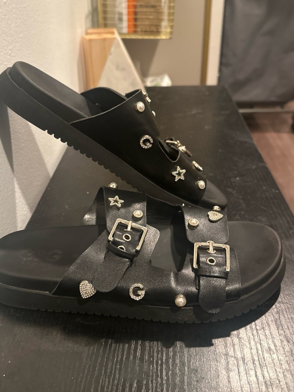 GBG Los Angeles Black Embellished Slide Mules